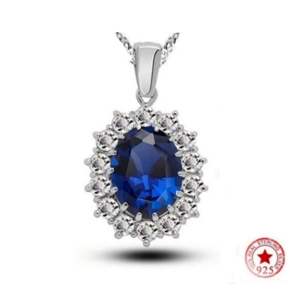 Swarovski Elements 925 Sterling Silver Blue Sapphire Diana Necklace NEW - Picture 1 of 12